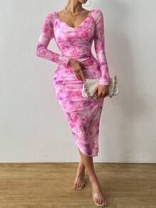 Chiquease Tie Dye Ruched Asymmetrical Hem Mesh Bodycon Dress Maxi Women Outfit - Pink - View 5