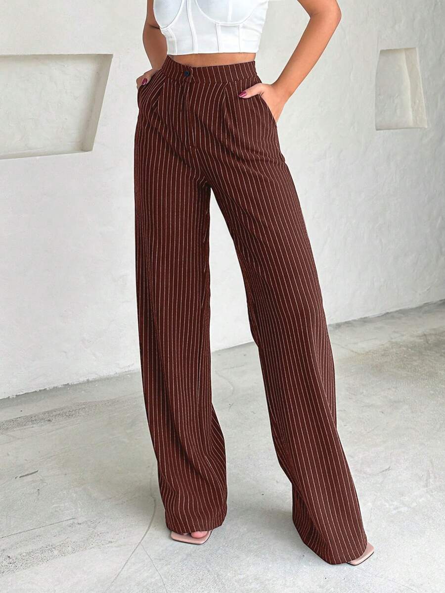 SHEIN Cottnline Fashionable Striped High-Waisted Straight-Leg Pants - Brown - View 1