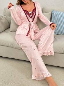 DUSKBASE 3pcs Pajama Set: Contrast Color Lace Patchwork Polka Dot Print Camisole, Pants And Belted Robe, Fall Winter Clothes Cozy And Elegant Details - Pink - View 4