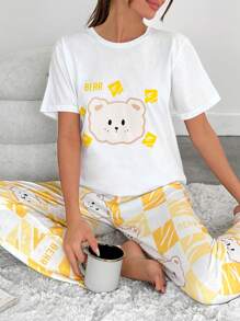 RueChic Cottonline Femei 2 buc. Cămașă drăguț cu imprimeu urs și culoare contrastantă, cu imprimeu peste tot, pentru partea de jos a dormitorului Set piiaj de bază - alb - Vizualizare 5