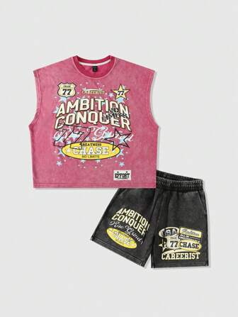 Street Life Men's Washed Printed Vest And Shorts Set