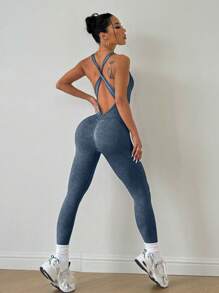 SHEIN Sport Studio Women's Solid Color Criss Cross Open Back Yoga Jumpsuit