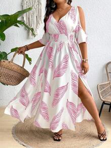 Maxikleid mit Große Größen Tropenmuster und Cut-Outs an den Schultern sowie Schlitz im Rock für Damen