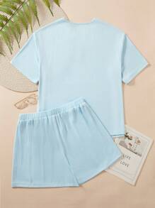INAWLY Plus Size Women Solid Color Notched V-Neck Dolman Sleeve Loose Top And Waist Tie Shorts Casual Two-Piece Set