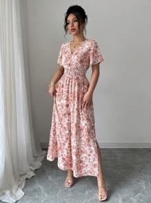 Chiquease Váy đi biển lễ hội nghỉ dưỡng Boho dành cho nữ, cổ chữ V, lưng chéo, dáng chữ A, xẻ tà, tay loe, dài, phù hợp cho mùa xuân/hè - trái cam - Xem 4