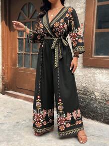 SHEIN Clasi Plus Size Women Holiday Floral Print Long Sleeve Wide Leg Jumpsuit - Multicolor - View 5