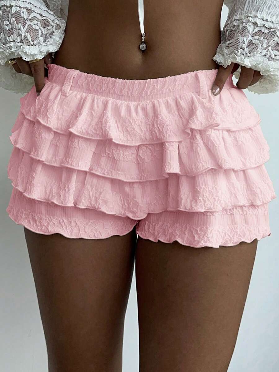 Aloruh Women's Autumn/Winter New Solid Color Elegant Sweet Ballerina Style Ultra Low Waist Multi-Layer Ruffle Hem Skirt Shorts - Pink - View 1