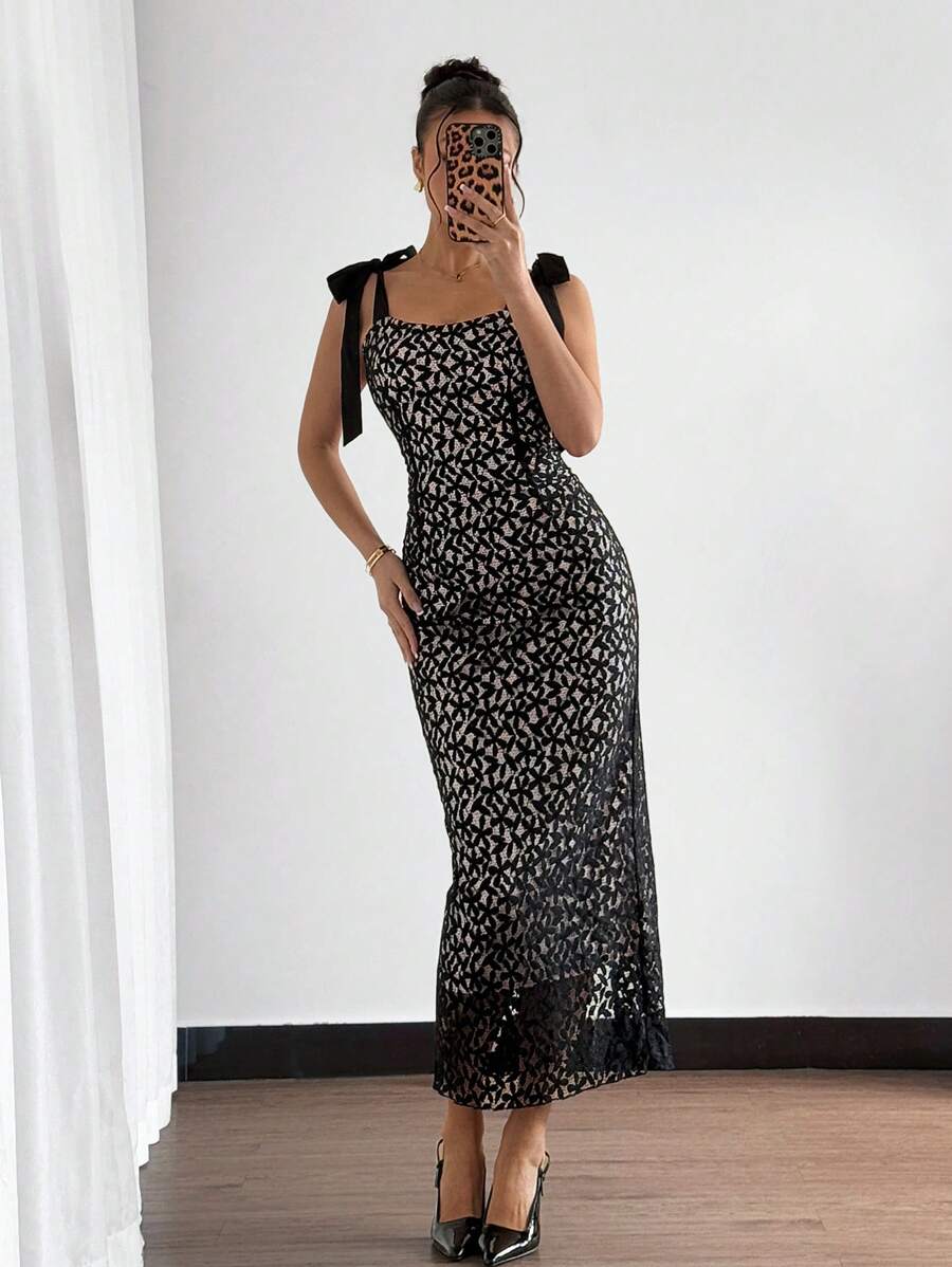 Elenzga Women Hollow Out Floral Slim Fit Long Dress - Black - View 1