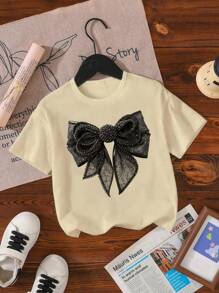 Sparklyn T-shirt à col rond à manches courtes avec imprimé papillon pour jeune fille, adapté pour l'été