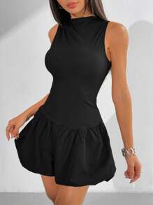 Comfortcana 女士纯色圆领褶皱无袖休闲连身裤短裤