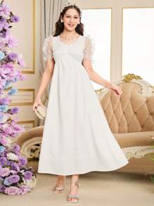 Teen Girl Elegant 3D Butterfly Decor Mesh Patchwork Puff Sleeve Dress - White - View 1