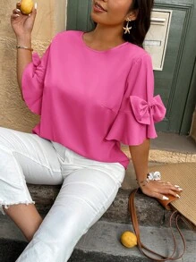 SHEIN Clasi Plus Size Casual Vacation Style Solid Color Bow Decor Shirt - Hot Pink - View 1