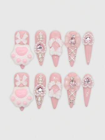 Kawaii 10 pièces de faux ongles réutilisables décorés de pattes de chat mignonnes, de nœuds, de couronnes et de strass peints à la main + 3 pièces de ruban adhésif double face, convenant pour les festivals, les fêtes, la danse et le port quotidien