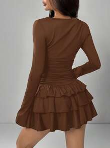 SHEIN EZwear Women's Mid-Length Solid Color Long Sleeve Dress, Minimalist Fashion Suitable For Summer,Country - Coffee Brown - View 2