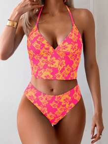 SHEIN Swim 女士夏季海滩花卉印花吊带前系带比基尼泳装套装，印花两件套泳装 - 彩色 - 查看 1