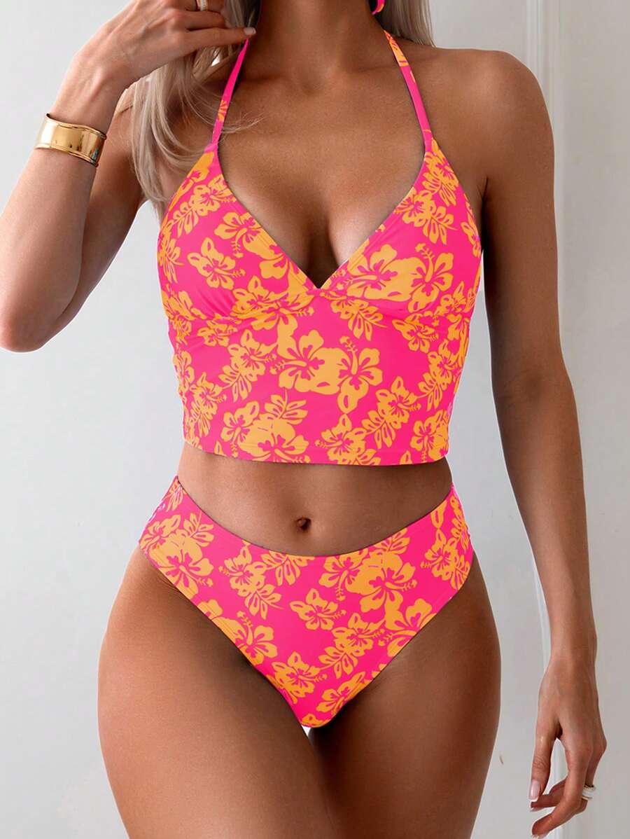 SHEIN Swim 女士夏季海滩花卉印花吊带前系带比基尼泳装套装,印花两件套泳装 - 彩色 - 查看 1