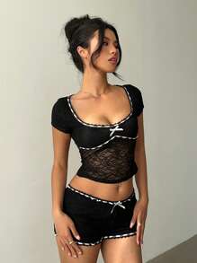 Aloruh Camiseta corta de manga corta con lazo y encaje, top de moda para conciertos, vacaciones y primavera, top corto de estilo occidental, top lindo para mujer Y2K, top para festivales de música - Negro - Ver 6