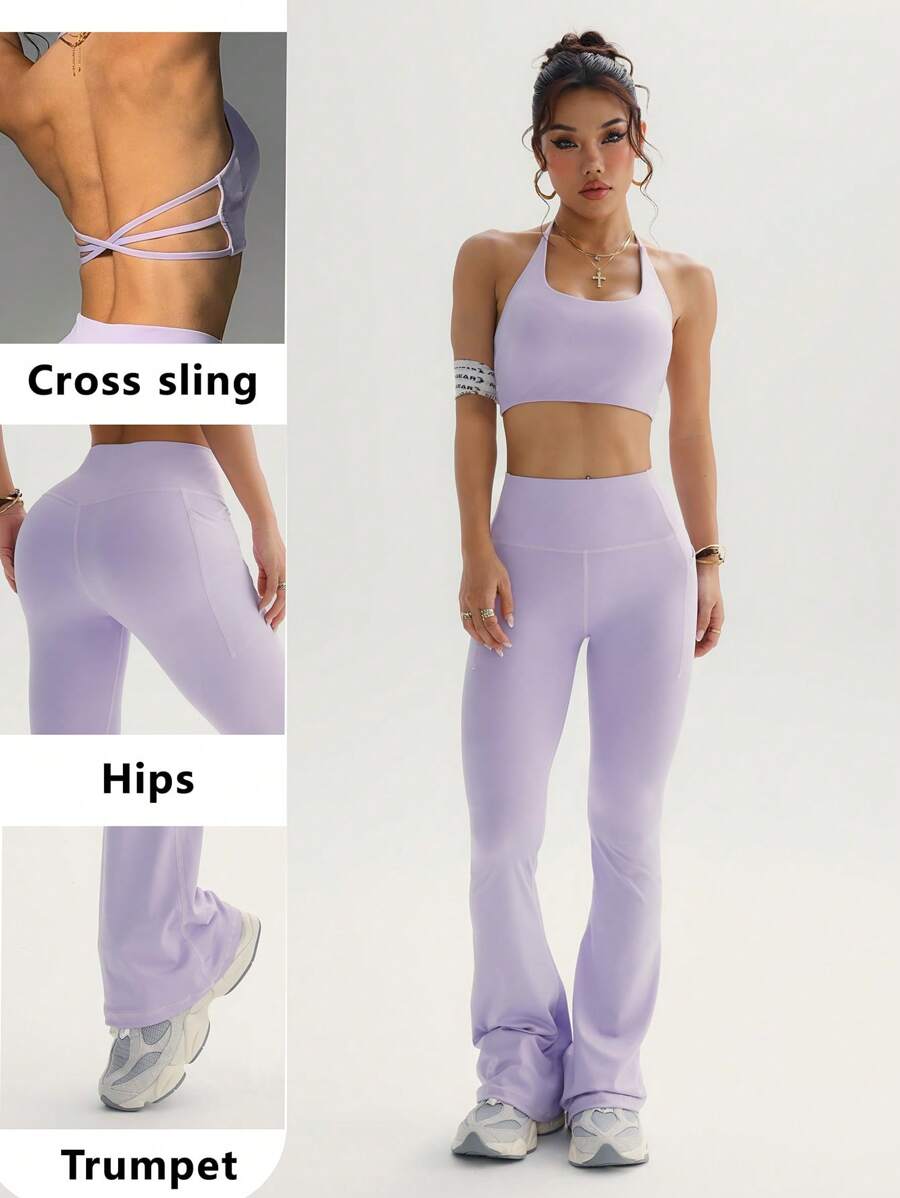 SHEIN Sports Fashionable Sports Romantic Padded Shelf Bra Backless Elastic Tank Top And High Waisted Leggings 2 Pieces Set, Casual Streetwear, Slimming, Yoga - Purple - View 1