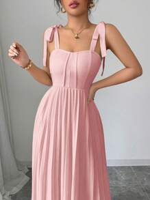 Elenzga Elegant Tie Bow Ruched A-Line Flowy Dress For Women, Spring/Summer - Pink - View 3