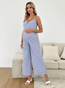 SHEIN Salopetă casual cu dungi de maternitate - Albastru si alb - Vizualizare 6