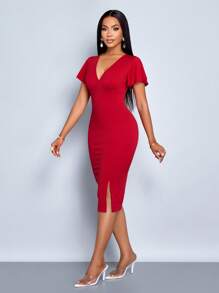 Zolique Plunge Neck Flutter Sleeve Slit Hem Bodycon Dress - Red - View 1
