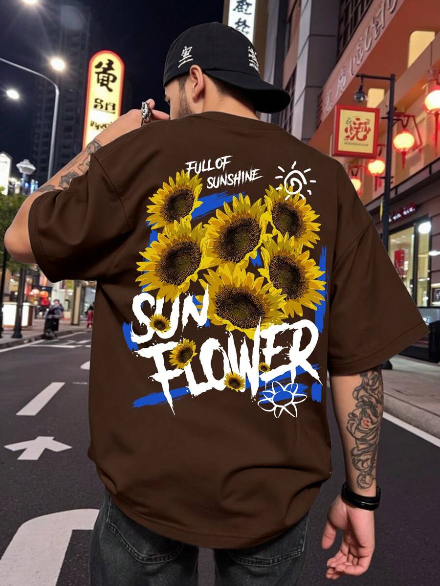 Manfinity Homme Men's Casual Sunflower & Letter Print Short Sleeve T-Shirt Summer T Shirts Men Streetwear Shirts Men Summer Clothes Men T Shirts - Coffee Brown - View 1