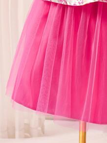 1pc Tween Girls Backbowtie Splicing Net Panel Puff Sleeve Jacquard Dress, Spring/Summer - Hot Pink - View 3