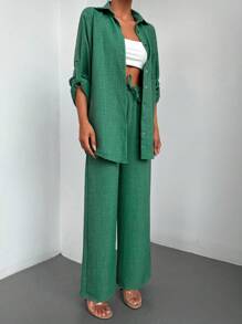 RueChic Solid Button Front Shirt & Drawstring Waist Wide Leg Trousers - Green - View 4