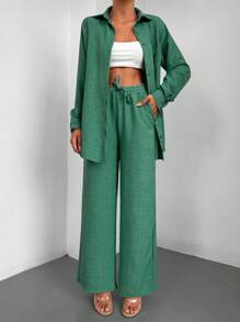 RueChic Solid Button Front Shirt & Drawstring Waist Wide Leg Trousers - Green - View 6