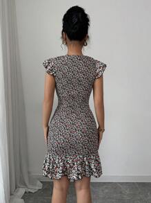 Elenzga Mini Ditsy Floral Ruched Hem Short A-Line Dress - Multicolor - View 2
