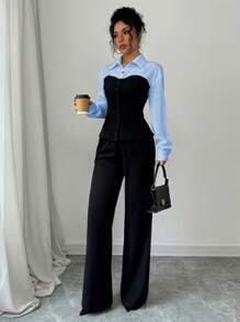 Selianne 2 件套：修身黑白拼色衬衫和裤子 - 彩色 - 查看 5