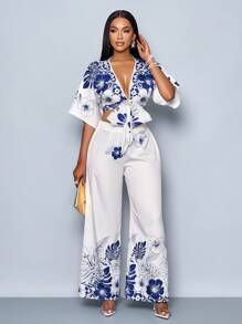 SOLERSUN Women's Spring/Summer Vacation Style Floral Print Butterfly Sleeve Crop Blouse & Wide Leg Pants Two-Piece Set - Apricot - View 8