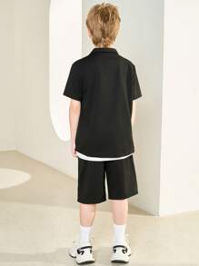 SHEIN Leap Crew Tween Boy Letter Patched Detail Shirt & Shorts Without Tee - Black - View 2