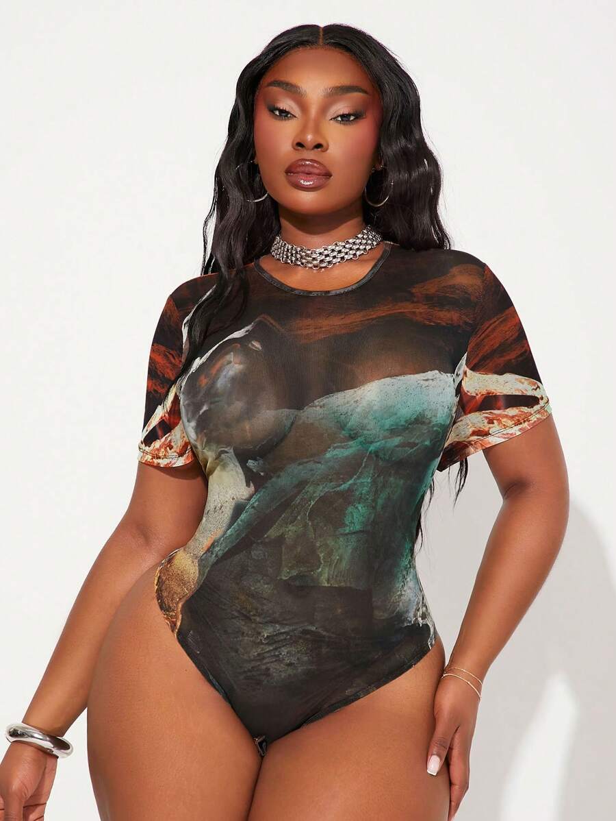 Radiana Große Größen Sommer Mode bedruckter Kurzarm Bodysuit - Verschiedenfarbig - Übersicht 1