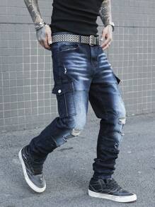 Manfinity LEGND Pantalones vaqueros casuales de talla grande para hombres, simples y de moda, aptos para el uso diario