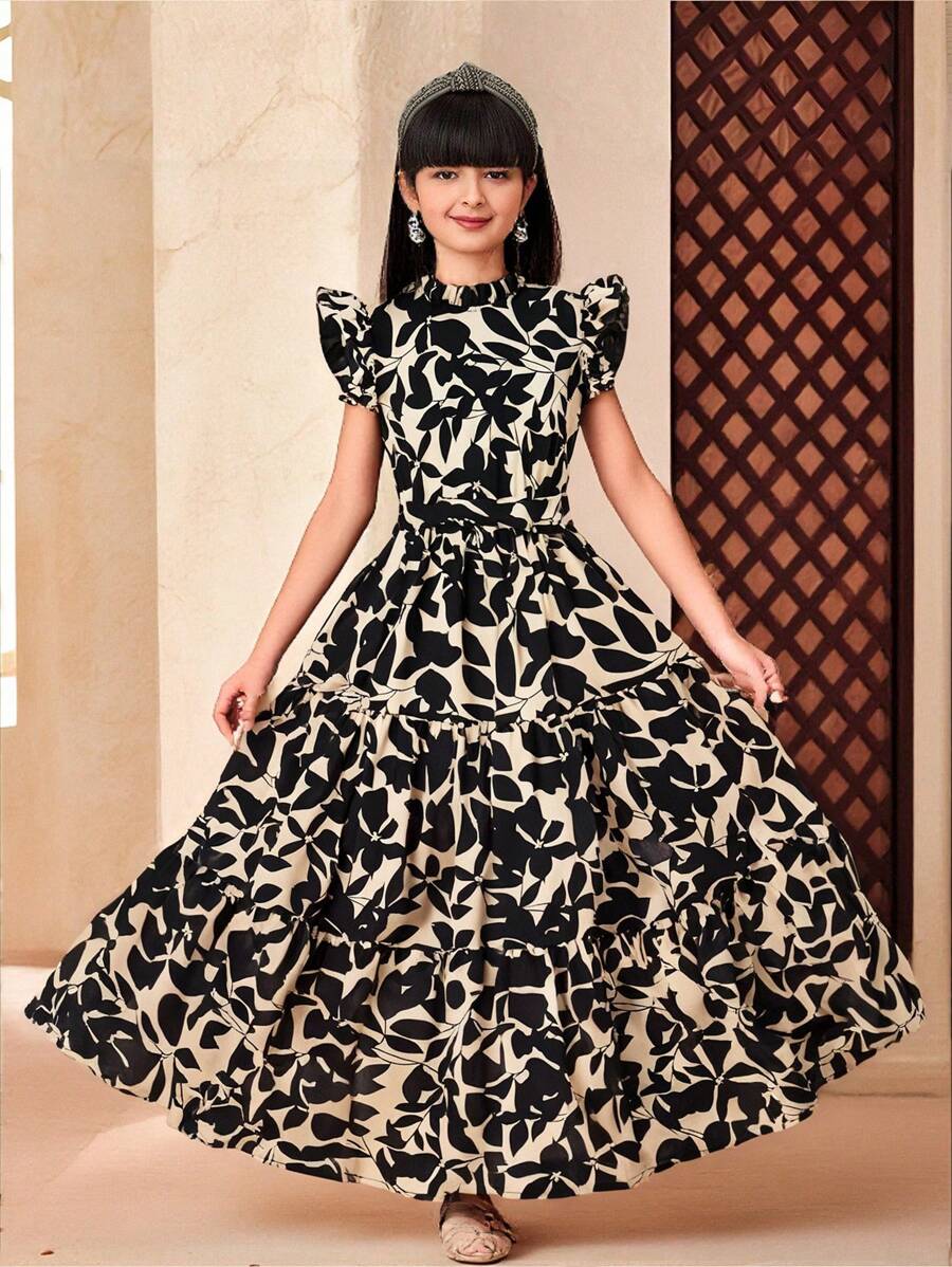 SHEIN Leap Crew Tween Girl Loose Retro Frill Neck Cap Sleeve Dress - Black - View 1