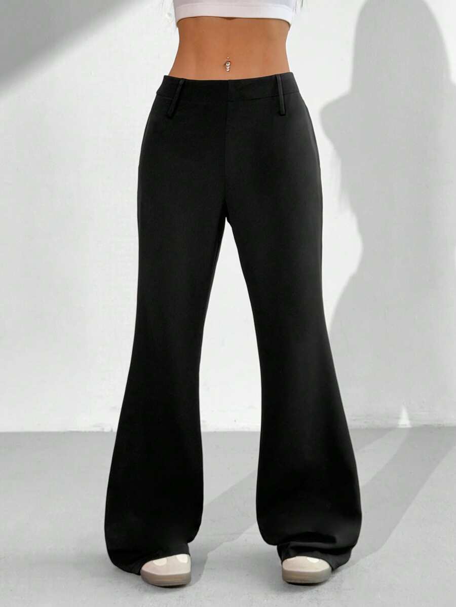 SHEIN EZwear Women's Solid Color Bell Sleeve Casual Versatile Suit Pants - Black - View 1