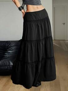 SHEIN EZwear Women's Spring And Summer Country Festival Outfits Vintage Ruffle Lace Maxi Skirt