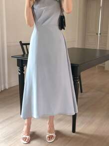 Wynsel 女士纯色圆领百褶修身短袖优雅办公室长裙 - 淺藍色 - 查看 5