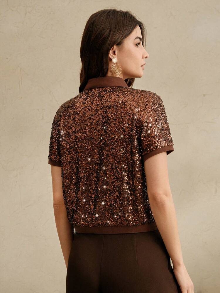Glitter & Sequins Embellished Polo Collar Short Sleeve Cardigan Top For Women, Suitable For Parties, Spring/Summer