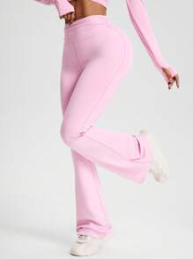 SHEIN Sports 女士纯色褶皱腰休闲健身紧身裤 - 粉色 - 查看 1