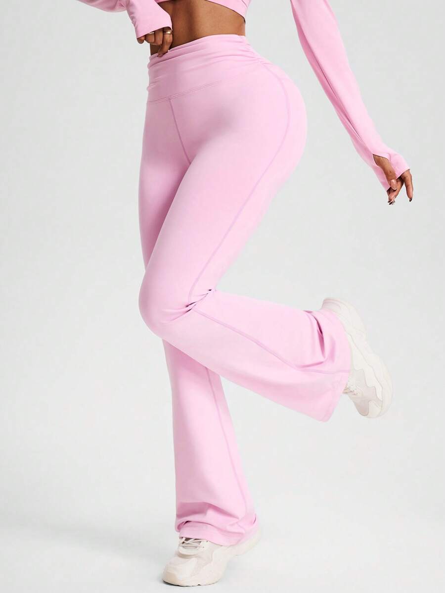 SHEIN Sports 女士纯色褶皱腰休闲健身紧身裤 - 粉色 - 查看 1