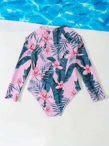 Tween Girls Long Sleeve Zipper One-Piece Swimsuit, Suitable For Beach Vacation In Summer - Pink - View 2