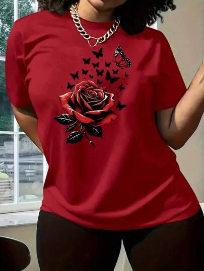 INAWLY 大码红玫瑰与蝴蝶印花圆领夏季 T 恤