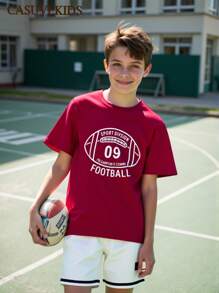 SHEIN Explorewe 2 Stück/Set Jungen Kleidung, Kinder lässiges, locker sitzendes Set aus T-Shirt mit Fußball-Grafik und sportlicher Shorts, geeignet für tägliche Aktivitäten und Sport im Sommer - Bordeaux - Übersicht 4