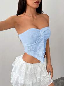 SHEIN PETITE Chaleco de túbico de punto de textura con bajo asimétrico retorcido en color albaricoque, para vacaciones de las mujeres - Celeste - Ver 6