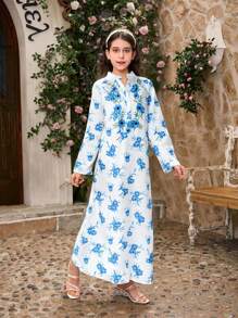 SHEIN 1pc Girls' Digital Print Floral Pattern V-Neck Long Sleeve Patchwork Dress, Suitable For Outdoor And Home Wear, Siblings Matching Outfits (Sold Separately)