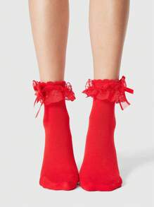 ROMWE Kawaii Calcetines hasta el tobillo para mujer con decoración de volantes y moño de encaje dulce