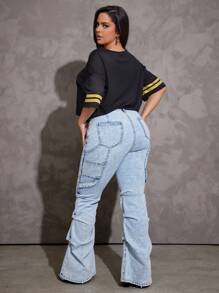 Denimoi Plus Size Fashion Washed Stacked Flare Leg Jeans - Light Wash - View 4