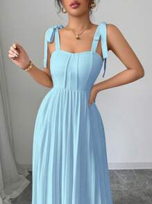 Elenzga Elegant Tie Bow Pleat Swing Women's Dress, Graceful Design For Spring & Summer - Blue - View 4